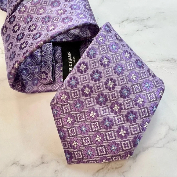 Duchamp Purple Blue Floral Geometric Men’s Silk Tie Hand Made in England - Picture 3 of 8